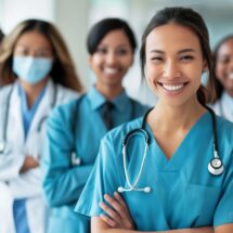 Pflegekraft mit Kollegenteam in Klinik Frankfurt