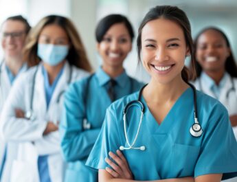 Pflegekraft mit Kollegenteam in Klinik Frankfurt