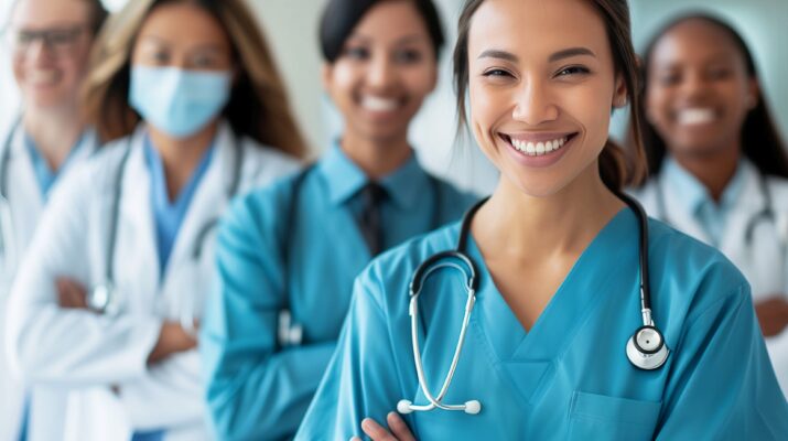 Pflegekraft mit Kollegenteam in Klinik Frankfurt