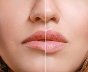 Junge Frau vor und nach Lippenvergrößerung, Nahaufnahme