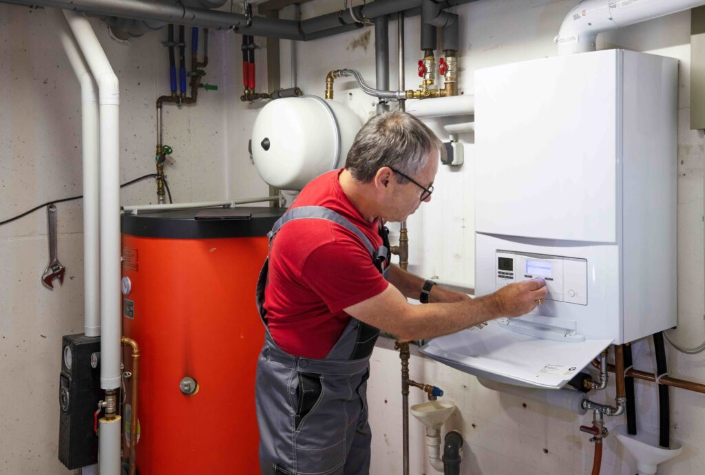 Ein Techniker bei der Wartung einer modernen Heizungsanlage in Sachsen, um die Effizienz im Hinblick auf aktuelle Heizölpreise zu optimieren.
