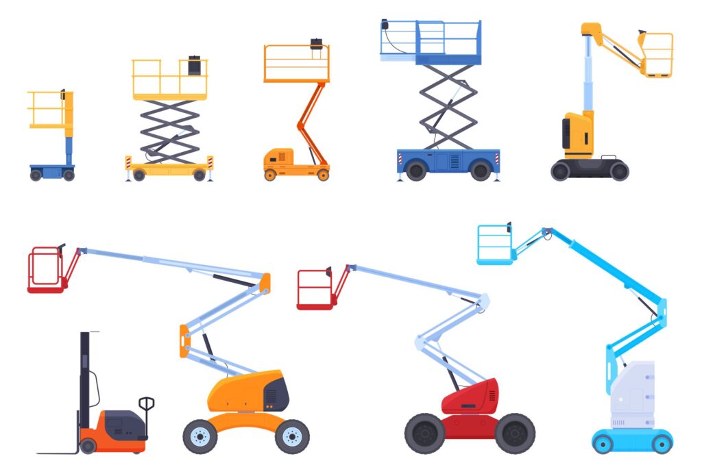 Verschiedene industrielle mechanische Aufzüge Schere Lift Plattform Korb Sammlung Vektor-Illustration