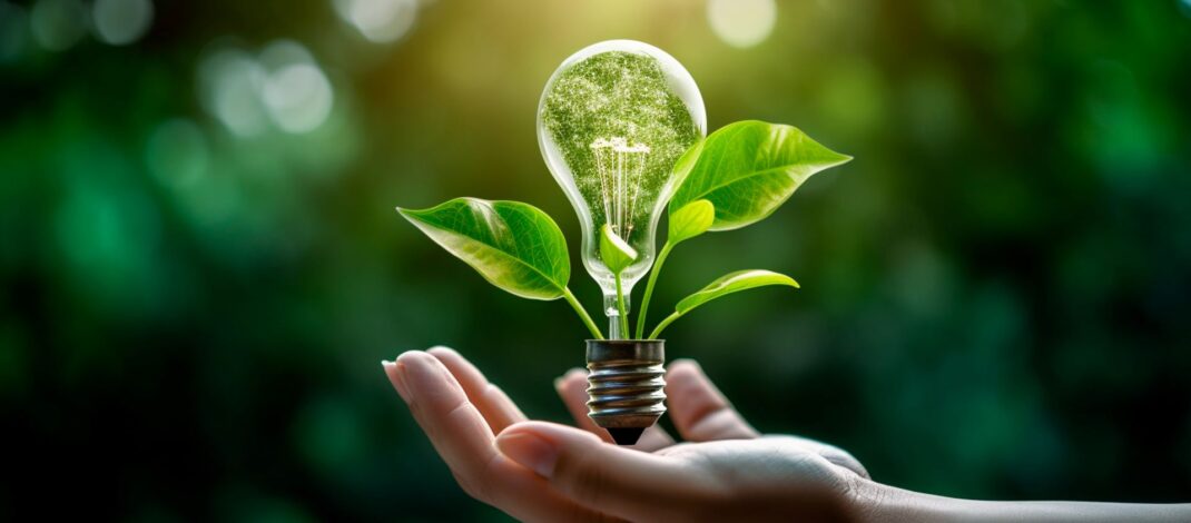 Eine Hand hält eine Glühbirne, die in Form einer Pflanze wächst, symbolisiert nachhaltige Energie und Photovoltaik in Erfurt