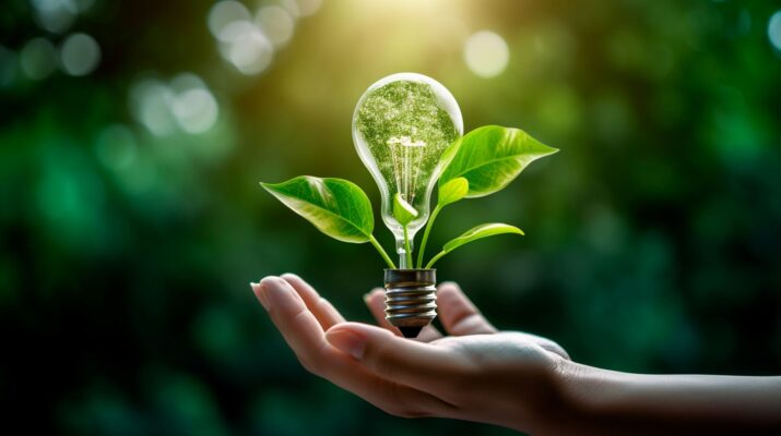 Eine Hand hält eine Glühbirne, die in Form einer Pflanze wächst, symbolisiert nachhaltige Energie und Photovoltaik in Erfurt