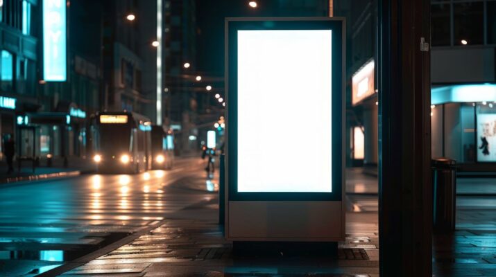 Beleuchtete digitale Werbetafel bei Nacht in einer belebten Stadt – ideal für effektive Outdoor-Displays und Display Vermietung.