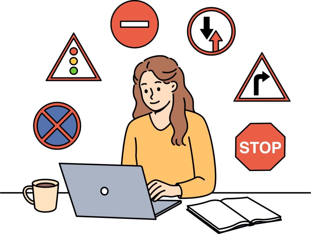 Illustration einer Frau am Laptop, umgeben von Verkehrsschildern – Lernen für die Ausbildung zum WAB Moderator