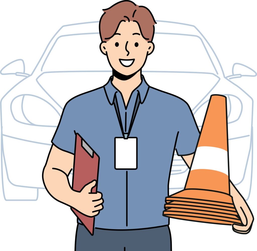 Illustration eines lächelnden Mannes mit Klemmbrett und Verkehrshütchen vor einem Auto – symbolisch für die praktische Ausbildung zum WAB-Moderator.