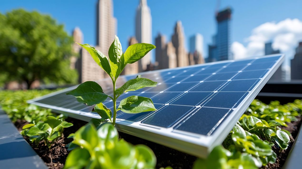 Gründach mit Pflanzen und Solarpanelen vor der Skyline einer Großstadt