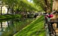 Fahrrad im Park in der Nähe des Flusses auf hellem, sonnigem, sommergrünem Hintergrund