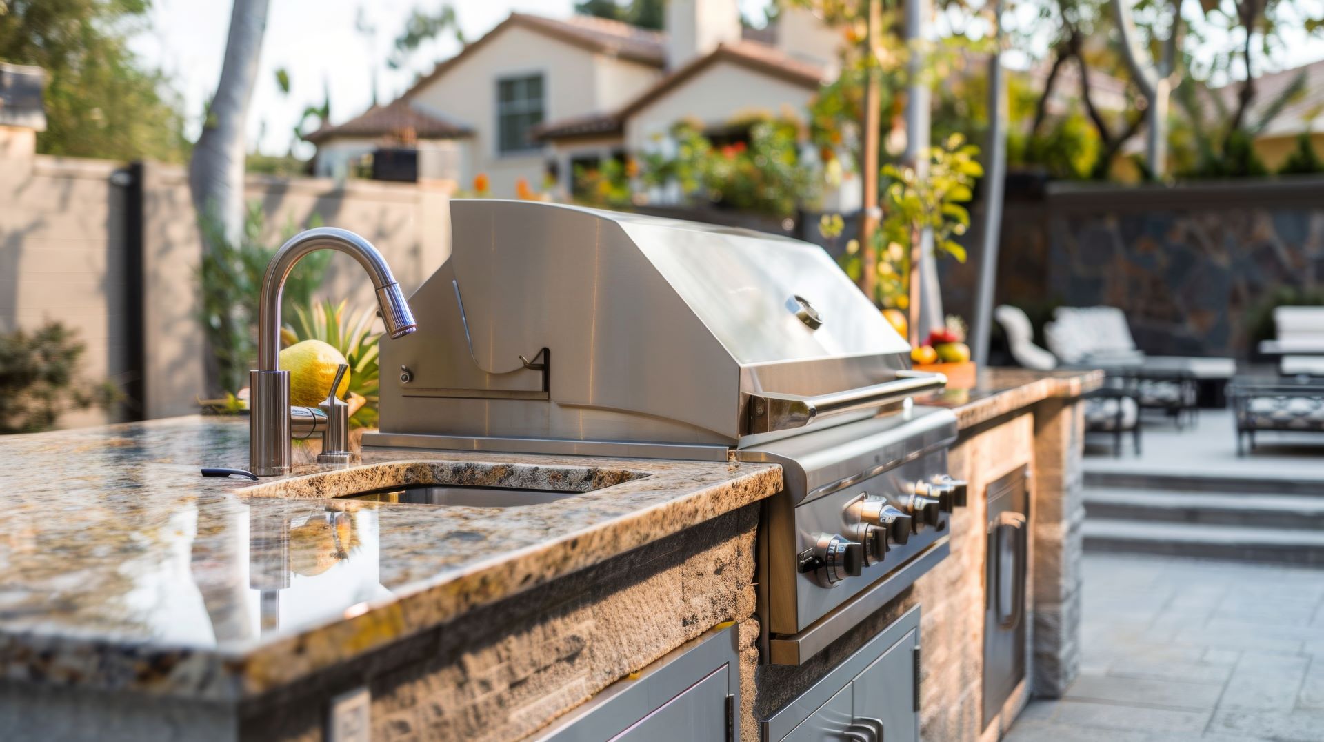 Granit-Arbeitsfläche mit Grill und Spüle im Garten