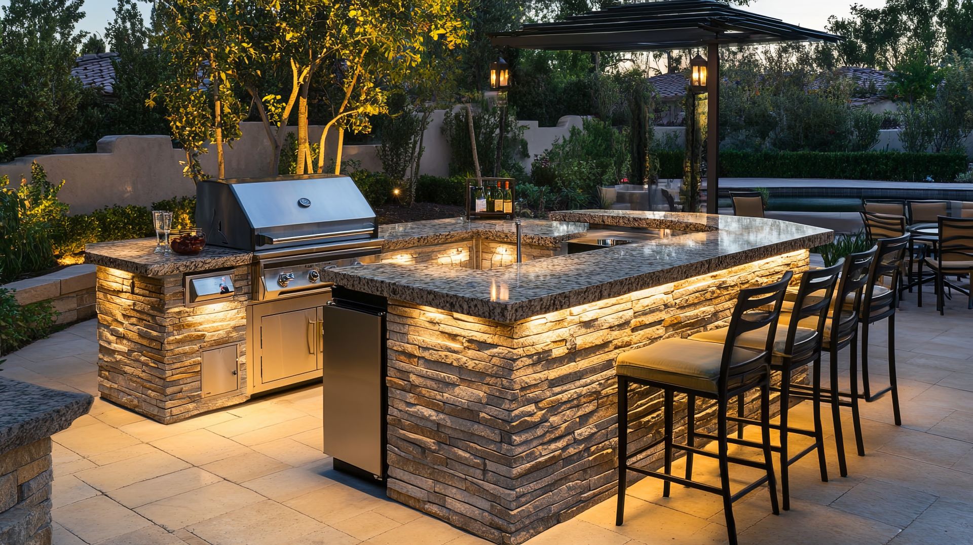 U-förmige Outdoor-Küche mit Grill, Beleuchtung und Barhockern