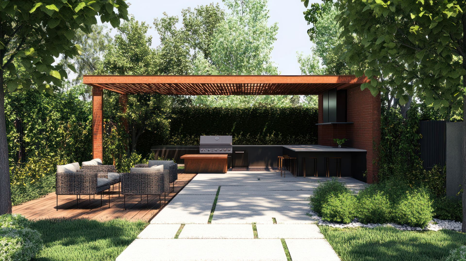 Moderne Gartenküche mit Pergola und Sitzlounge