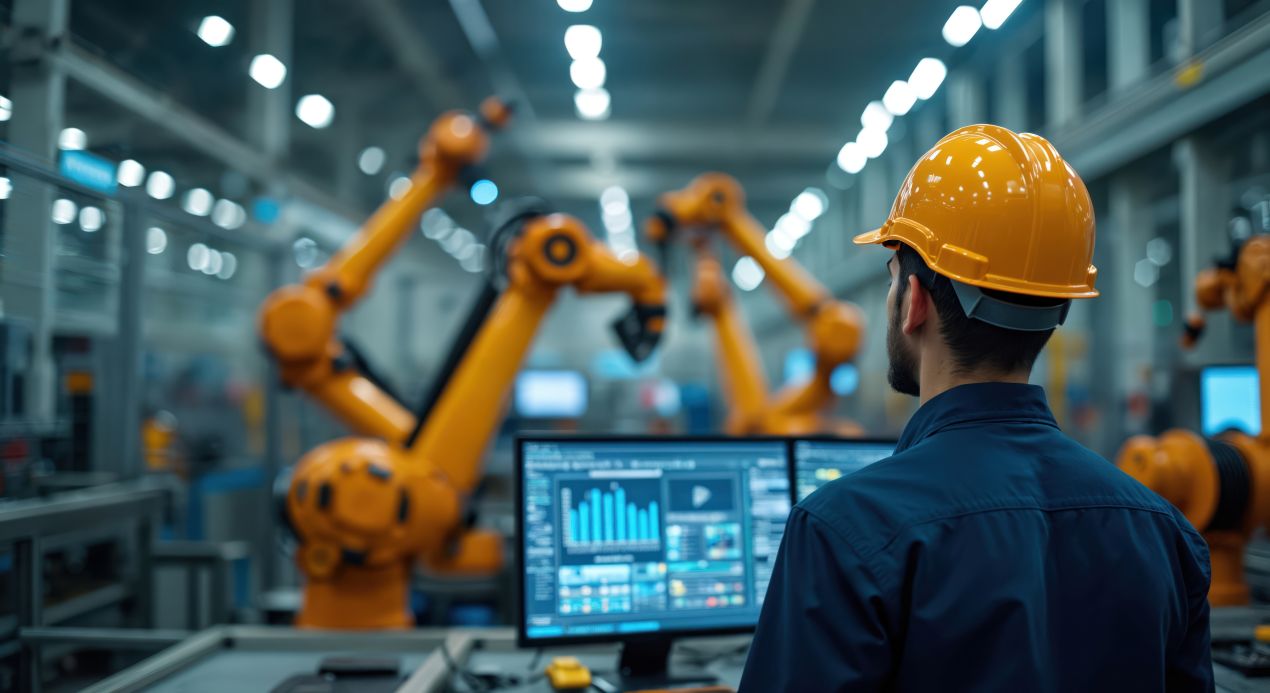 Ingenieur mit Helm analysiert Produktionsdaten zur Einfuehrung von Predictive Maintenance in einer Fertigungshalle