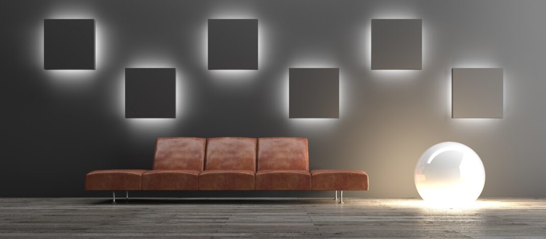 Dunkle Wand mit LED-Lichtelementen | Mooswand