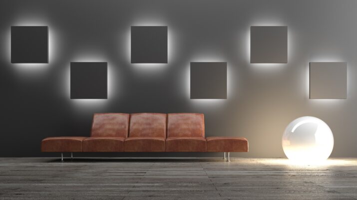 Dunkle Wand mit LED-Lichtelementen | Mooswand