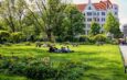Schülergruppe bei sonnigem Wetter im Park während einer Klassenfahrt Berlin