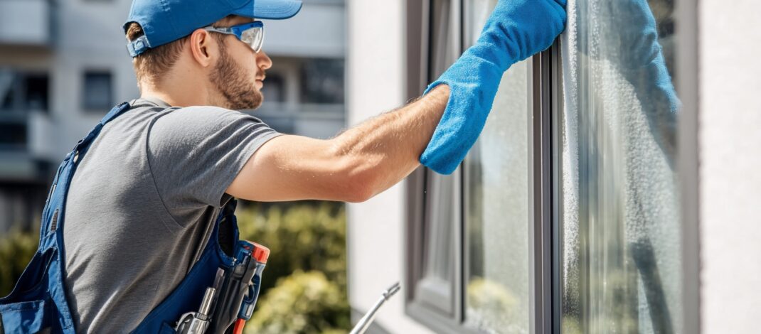 Fensterputzer bei der Arbeit im Freien | Gebäudereinigung Bielefeld