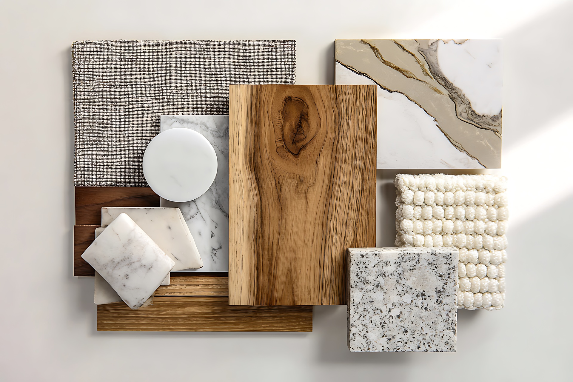 Materialmuster aus Holz, Stein und Stoff | Porotonsteine