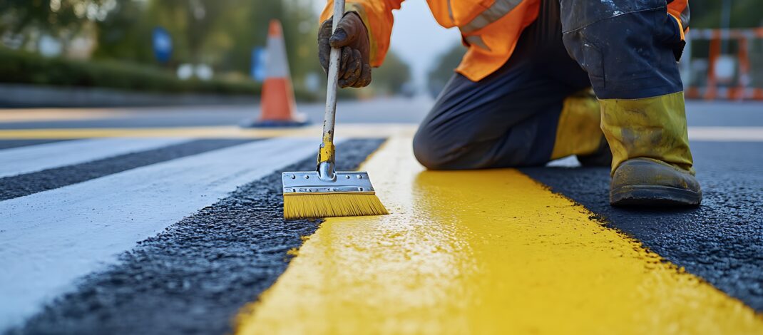 Arbeiter zieht gelbe Linie auf Straße | Straßenmarkierung