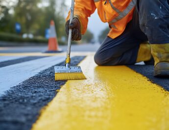 Arbeiter zieht gelbe Linie auf Straße | Straßenmarkierung