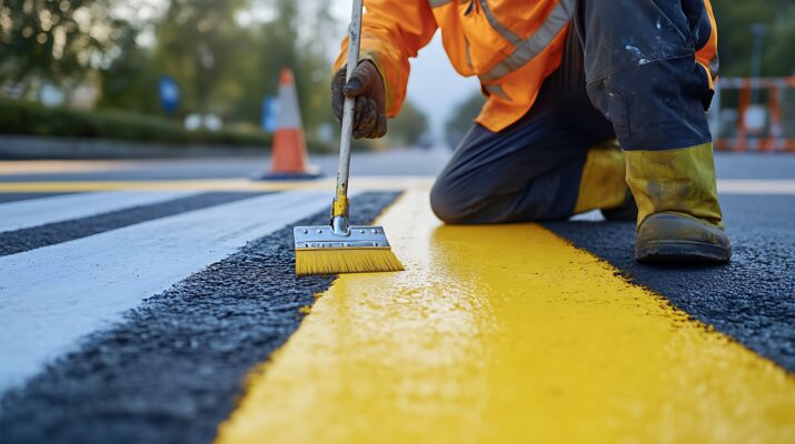Arbeiter zieht gelbe Linie auf Straße | Straßenmarkierung