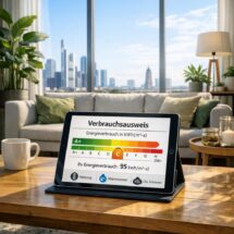 Verbrauchsausweis: Energieverbrauch und Effizienzklasse auf Tablet im modernen Wohnzimmer