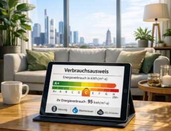 Verbrauchsausweis: Energieverbrauch und Effizienzklasse auf Tablet im modernen Wohnzimmer